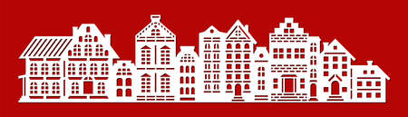 Street layout with houses, shops. Facades of various buildings, cottages, townhouses. Many floors, attic, roof, chimney, windows, door. Vector template for plotter laser cutting of paper, wood, cnc.のイラスト素材
