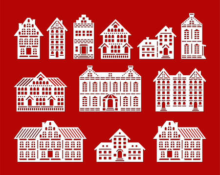 Set of silhouettes of flat houses. Facades of various buildings, houses, cottages, townhouses. Many floors, attic, roof, chimney, windows, door. Vector template for plotter laser cutting of paper, cncのイラスト素材