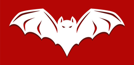 Carved silhouette of a bat. Halloween decoration mockup. Evil eyes, spread wings, ears. White object on a red background. Vector illustration, template for plotter laser cutting of paper, wood, cnc.のイラスト素材