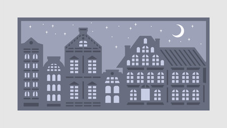 Rectangular horizontal poster Night city. Facades of houses of old European street, windows, doors. Dark sky with a moon, stars. Calm monochrome gray-blue colors, cozy atmosphere. Vector illustration.のイラスト素材