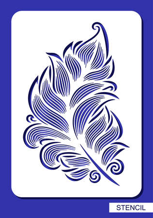 Stencil with decorative feather, leaf. Beautiful detailed fluffy quill. Rectangular vertical white panel, sample for laser cutting of paper, metal engraving, wood carving, cnc. Vector illustration.のイラスト素材