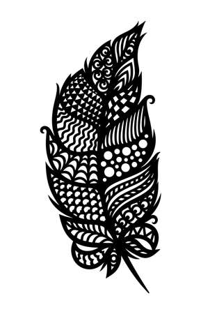 Decorative stylized feather, leaf, quill. Openwork ornament of curls, beautiful folk motives, ethnic patterns. Black isolated object on a white background. Laser cutting template, cnc. Vector image.のイラスト素材