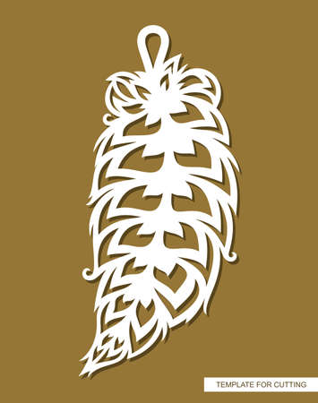 Hanging decoration - feather pendant. Carved decorative element in the shape of a leaf for costume jewelry. Template for plotter laser cutting of paper, wood, metal engraving, cnc. Vector illustrationのイラスト素材