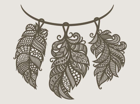 Feather necklace. Decorative pendant decoration in Indian style. Set of three openwork elements with lace ethnic ornament on string. Gray-brown objects on a light beige background. Vector illustrationのイラスト素材