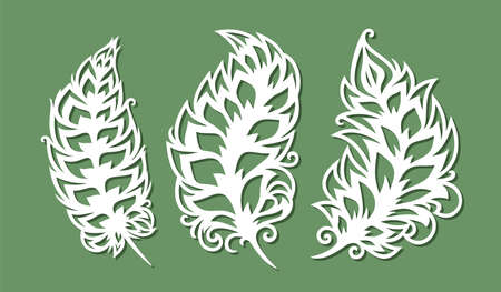 Set of decorative leaves, feathers, quills. White carved elements on a green background. Template for plotter laser cutting of paper, plywood, metal engraving, wood carving, cnc. Vector illustration.のイラスト素材