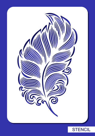 Stencil with decorative feather, leaf. Beautiful detailed fluffy quill. Rectangular vertical white panel, sample for laser cutting of paper, metal engraving, wood carving, cnc. Vector illustration.のイラスト素材
