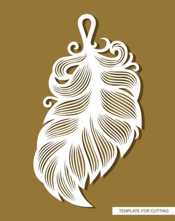 Hanging decoration - feather pendant. Carved decorative element in the shape of a leaf for costume jewelry. Template for plotter laser cutting of paper, wood, metal engraving, cnc. Vector illustrationのイラスト素材