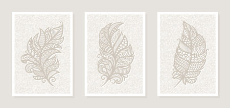 Set of three paintings. Lace feathers, interesting ornament, pattern on linen canvas background. Collection of posters in light soothing colors to decorate the interior of office, studio, apartment.のイラスト素材