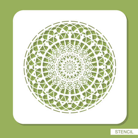 Square panel with a round carved mandala. Stencil with lace decorative circle, floral ornaments, geometric pattern of intertwined lines. Template for plotter laser cutting of paper, cnc. Vector image.のイラスト素材
