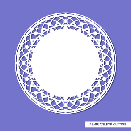 Round carved blank. Decorative frame with a lace geometric pattern of interweaving lines along the edge. Copy space in the center. Layout for plotter laser cutting of paper, cnc. Vector illustration.のイラスト素材