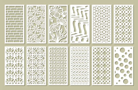 Set of vertical rectangular panels. Stencils, lattices, screens with geometric patterns, floral ornaments, lines. Vector template for plotter laser cutting of paper, metal engraving, wood carving, cncのイラスト素材