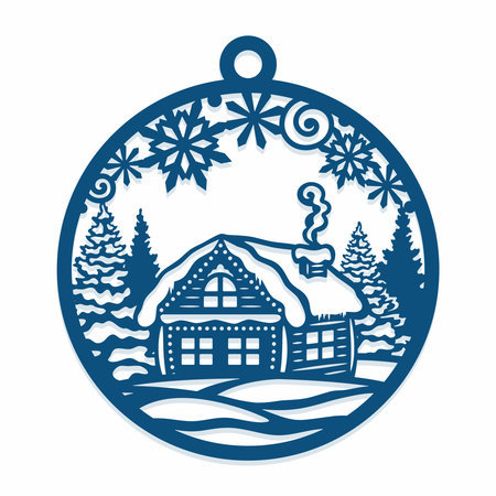 Christmas ball with winter landscape. Festive hanging decoration of round shape with a cute hut, snow, forest on white background. New Year's gift on the tree.のイラスト素材