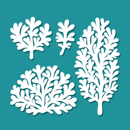 Set of plant elements. Tree, bush, branch in cartoon childish style. Rounded soft leaves, cute twigs. Vector template for plotter laser cutting of paper, fretwork, wood carving.のイラスト素材