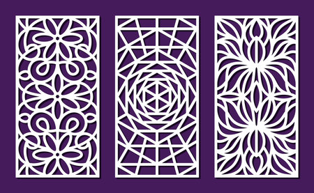 Set of decorative panels. Rectangular lattices with geometric linear pattern, openwork floral ornament. Template for plotter laser cutting of paper, fretwork, wood carving.のイラスト素材