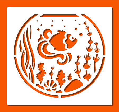 Stencil round aquarium. Golden fish swims among seaweed, stones, shells. Children's cartoon style. Template for plotter laser cutting of paper, wood carving, metal engraving, cnc.のイラスト素材