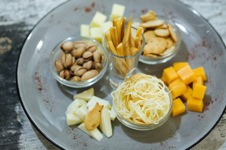Assortment of cheese with cracker on a plateの写真素材