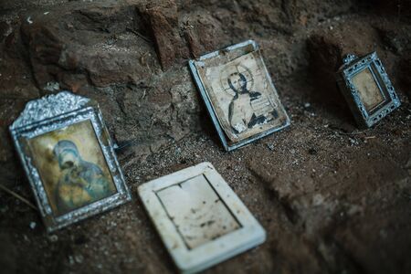 Old icons in an abandoned church.の写真素材