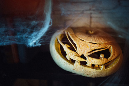 Halloween background with web ,pumpkinの写真素材