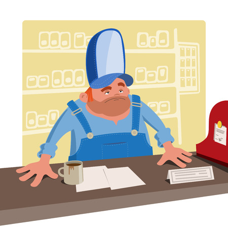 Sullen cashier in a large baseball cap standing behind the deskのイラスト素材