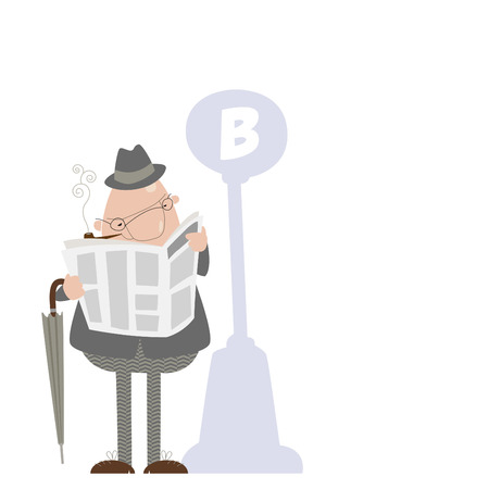 Man smoking a pipe and reading a newspaper next to a bus stop.のイラスト素材