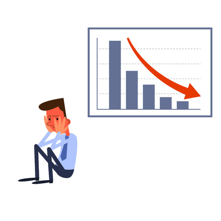 Frustrated businessman sitting near a table with negative statisticsのイラスト素材