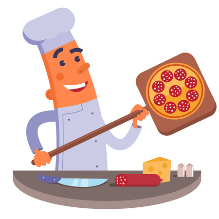 Cartoon chef holding pizza shovel with pizzaのイラスト素材