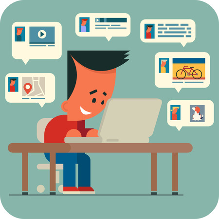 Cartoon young man sitting at a table and chatting online with friends using laptop. Sharing music, video, photos,   interesting places.のイラスト素材