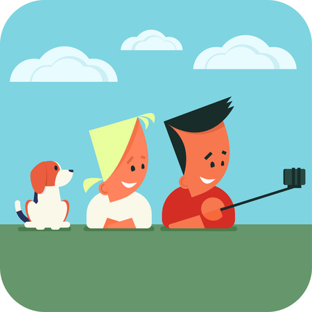 Young couple with dog lying on the grass and taking selfie using smartphone and selfie stick. のイラスト素材