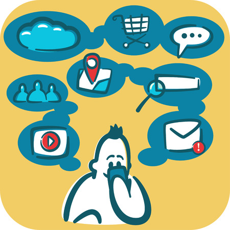 Cartoon young man browsing the internet using smartphone. Social and media icons around it.のイラスト素材