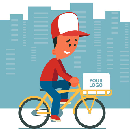 Delivery service. Cartoon young man riding a bicycle with delivery box on it. Cityscape background.のイラスト素材