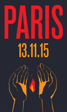 Paris. 13 november 2015. In memory of victims. Human hands holding fire. The inscription "Paris. 13.11.15".のイラスト素材