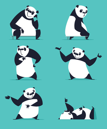 Set of Panda in various poses. Sitting, dreaming, thinking, showing, lying, inviting, turning. Each Panda is in separate layer.のイラスト素材