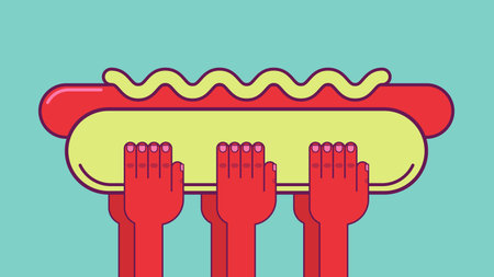 Three pairs of hands holds giant hot dog with sausage and mustard. Clipping mask used.のイラスト素材