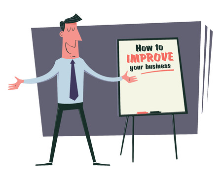 Business training presentation. Cartoon business trainer presents a training "How to improve your business". You can place your on the chart. Vintage style illustration.のイラスト素材