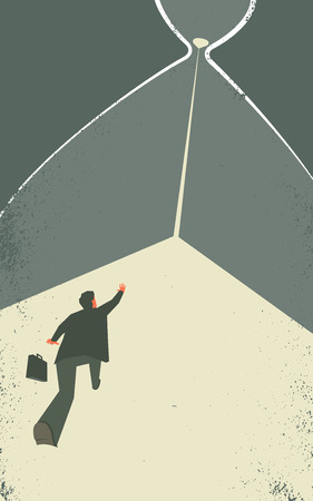 The time is out. Businessman inside the hourglass. Man is trying to stop the time. Time management concept illustration.のイラスト素材