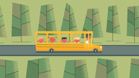 Smiling happy kids riding on school bus. Outdoor scene. Vintage style illustration.