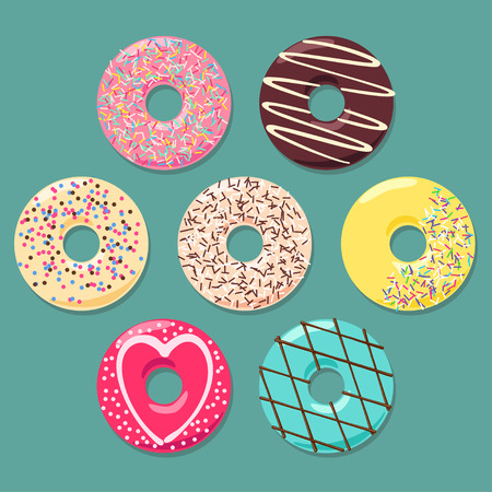 Set of seven colorful donuts on grey cyan backdrop. Each donut is in separate layer.のイラスト素材