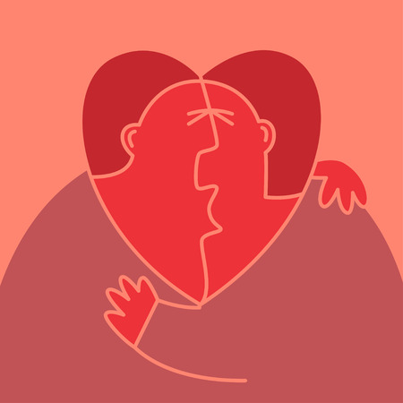 Abstract man and woman kissing each other. Their heads is in shape of the heart with male silhouette inside. Love triangle concept illustration.のイラスト素材