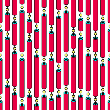 Abstract old fashion curtain made of yellow beads and red canes of various sizes. Retro style geometric seamless pattern. Clipping mask used.のイラスト素材