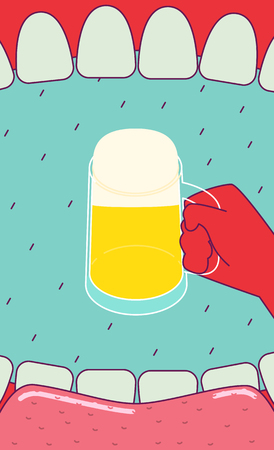Open mouth and hand holding beer mug. Subjective view perspective. Wide angle.のイラスト素材