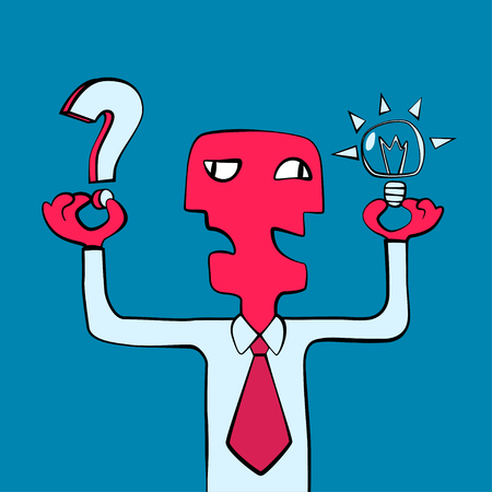 Abstract two-faced businessman holding question mark as a symbol of problem and light bulb as a symbol of an idea. Making decision concept illustration.のイラスト素材