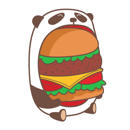 Hungry panda eating huge burger.のイラスト素材