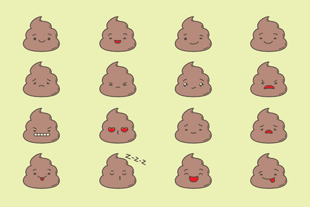 Set of kawaii poop emoticons. Isolated on light yellow background.のイラスト素材