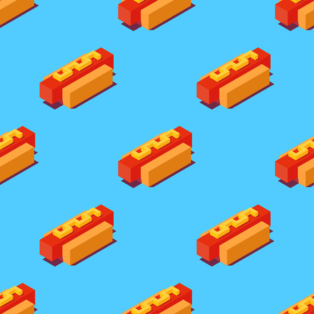 Seamless pattern of stylized cubic hot dogs on blue background. Retro design concept, Clipping mask used.のイラスト素材