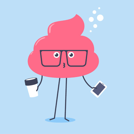 Kawaii pink shit wearing big glasses holding a cup of coffee and smartpone.のイラスト素材