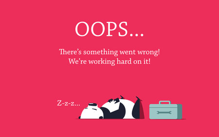 Repairer panda sleeping on the floor. Repair box standing close to it. Error page design template.