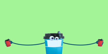 Composite image of funny disposable cup wearing medical mask showing social distance.の写真素材
