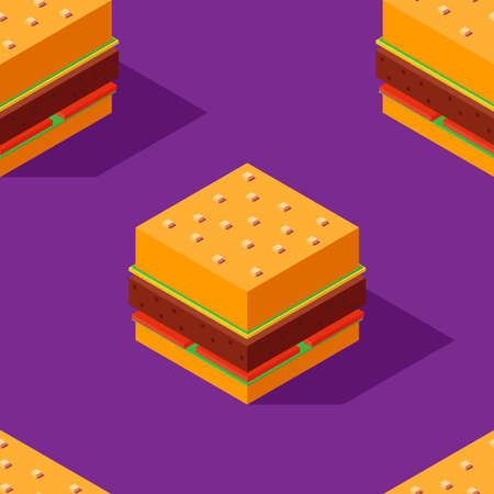 Seamless pattern of stylized cubic burgers on purple background. Retro design concept, Clipping mask used.のイラスト素材
