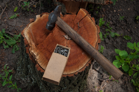 Hammer and nails  on a hempの写真素材