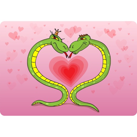Happy valentines day cards with two funny snakes and heartsのイラスト素材